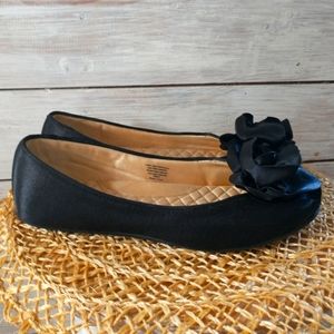 Birdies Rosette Black Satin Flats Size 9